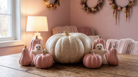 White pumpkin surrounded by pink ceramic gourds and small ghost decorations on a rustic wooden table in a pastel room with wreaths and soft window light, with empty wall and tabletop area available for textの素材