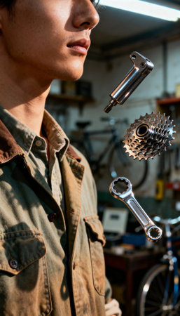 Man in a bicycle workshop studies suspended bicycle components and repair tools as he plans maintenance and adjustments, captured in warm workshop lighting with shallow depth of field and visible workbench backgroundの素材