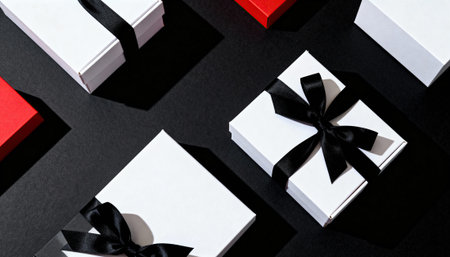 White gift boxes with black satin ribbons arranged on a matte black background in a flatlay composition with negative space for branding and text. The layout leaves ample dark area suitable for copy or design elementsの素材