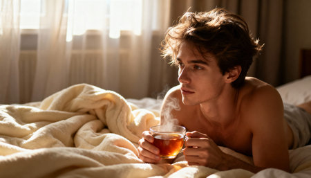 Young man lying on a bed holding a steaming cup of tea, illuminated by warm morning sunlight streaming through sheer curtains. Cozy and serene atmosphere.の素材