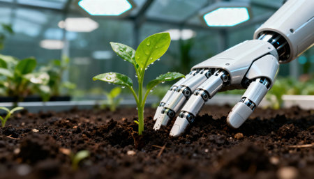Robotic hand tends a young seedling in rich greenhouse soil with water droplets on leaves, suggesting technology-driven agriculture and sustainable cultivation, with a neutral blurred background and available space for textの素材