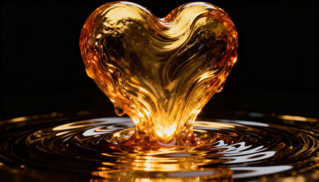 Golden liquid heart rises from a rippling reflective surface with warm metallic tones and glossy texture, suggesting motion and luxury. Dark areas provide clean space for text and design elementsの素材