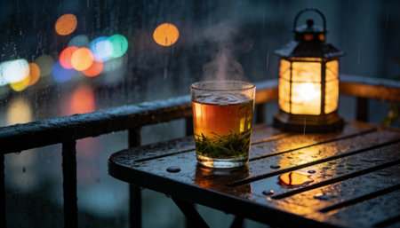 Glass of steaming herbal tea sits on a rain-soaked balcony table next to a lit lantern while blurred city lights glow in the background. Empty areas and blurred background provide copy space for text or designの素材