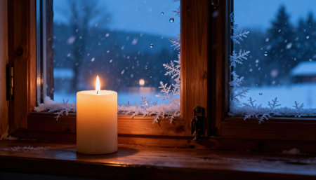 Candle glows on a wooden windowsill with frosted glass and snow visible beyond the pane. Warm candlelight contrasts with the cool blue evening and leaves open space on the window and sky area for textの素材