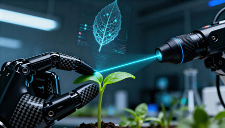 Robotic hand examines a young plant under a focused laser scanner with a holographic leaf overlay and blurred laboratory equipment in the background, indicating technology-driven plant analysis and available space for textの素材