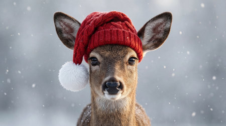 Fawn wearing a red knit Santa hat stands in a soft snowy forest with gentle snowfall and shallow depth of field, leaving ample empty space for text and seasonal messaging in a warm playful holiday atmosphereの素材