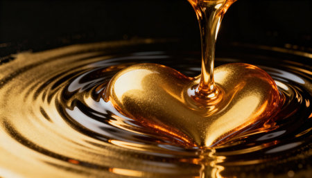 Golden liquid heart pours into a reflective pool creating concentric ripples and warm metallic reflections with smooth flowing texture and a dark background with copy space for text placementの素材
