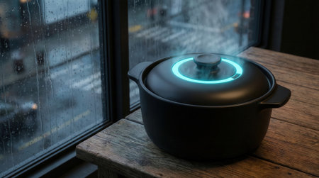 Black cast iron pot with a glowing ring on the lid sits on a rustic wooden table beside a rain-speckled window. Soft natural light and moody atmosphere suggest home cooking, slow simmering, and cozy indoor eveningsの素材