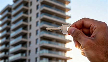 Hand holding a metal key toward a modern apartment building with sun flare between balconies, suggesting rental, real estate, property access and new home ownership in an urban residential settingの素材