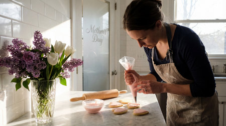 Woman decorates sugar cookies on a marble countertop using a piping bag while natural light fills the kitchen and a vase of flowers adds color, with available space for text and design near the windowの素材