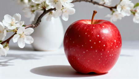 Red apple sits on a white surface beside delicate blossoms and a blurred vase, with ample open space to the right for text or design elements and soft natural lighting creating a calm moodの素材