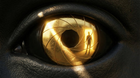 Eye reveals a golden aperture with layered blades forming a mechanical iris. A silhouetted figure stands in the reflective center, surrounded by warm metallic tones and deep textured skin that adds intense cinematic contrastの素材