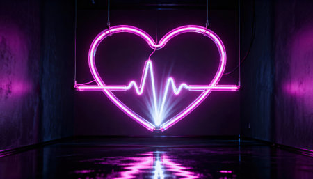 Neon heart sign glows with a pink electrocardiogram line suspended above a reflective floor with empty space for text and design. Magenta and purple glow enhances a moody atmosphere that works for nightlife and advertising useの素材