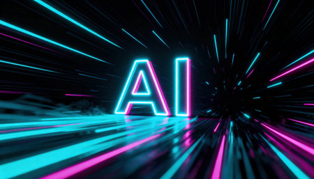 AI letters glow in neon light trails across a reflective surface suggesting rapid motion and futuristic digital technology concept with vibrant cyan and magenta tones and high contrast lightingの素材