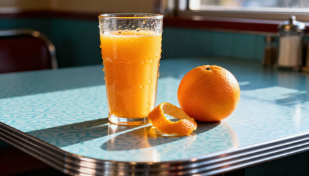 Orange juice and whole orange rest on a retro teal diner table with a peel curl and condensation on the glass. Soft window light creates highlights and there is open space for text or layout on the tabletopの素材