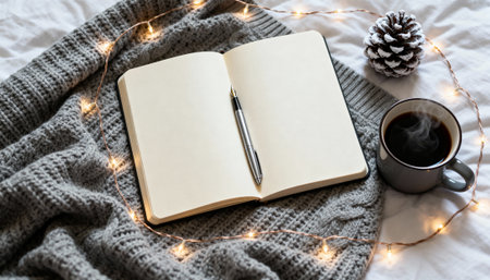 Open notebook with a silver pen placed on a gray knitted blanket, surrounded by warm fairy lights, a steaming coffee mug, and a frosted pinecone, creating a cozy atmosphere.の素材