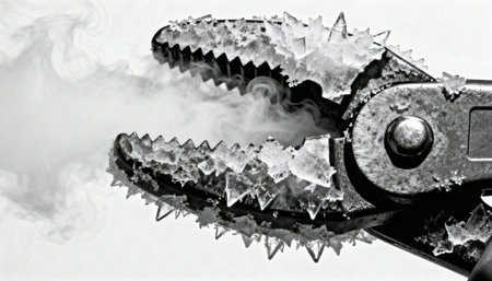 Rusty pliers with jagged ice crystals gripping a frozen surface as cold vapor drifts across a muted background, adding contrast and texture, with ample negative space on the left available for text or design elementsの素材