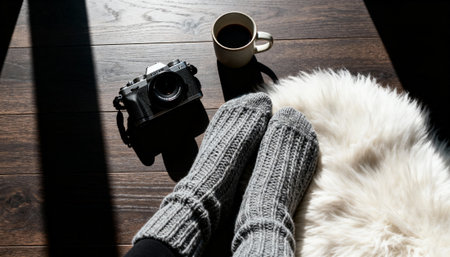 Relaxing cozy scene featuring gray knitted socks, a vintage camera, and a coffee cup placed on a wooden floor with sunlight streaming in. A fluffy white rug adds warmth.の素材