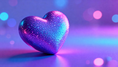 Glittery heart rests on a reflective surface under neon purple and blue lighting with soft bokeh background and ample empty space for text and design elements suitable for advertising or social media layoutsの素材