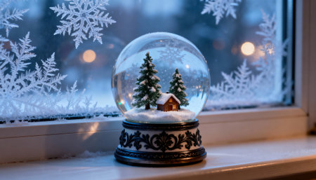 Snow globe holds a miniature cabin and two pine trees atop artificial snow on a decorative base placed on a frosted windowsill with snowflake patterns and soft bokeh lights, leaving negative space on the right for text or designの素材