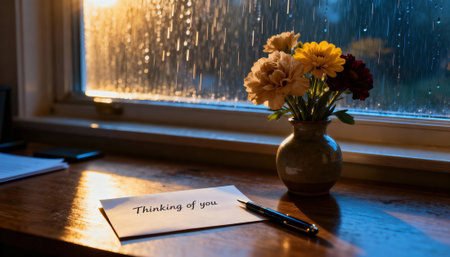 Card reads Thinking of you on a wooden desk by a rain-streaked window with warm evening light and a small floral vase, a pen beside it and open copyspace on the surface for text or design elementsの素材