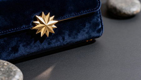 Blue velvet clutch with a gold star clasp rests on a dark tabletop beside smooth stones, emphasizing rich material texture and minimalist composition with visible empty space available for text or branding useの素材