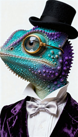 Chameleon with top hat and monocle dressed in a velvet suit and white bow tie, portrait on a plain light background with detailed reptile scales and vintage accessories, with open space for text or designの素材