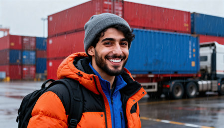 Man smiles in a shipping yard wearing a bright orange jacket and backpack while stacked cargo containers and a truck form an industrial logistics backdrop used in business, travel and urban transport contextsの素材