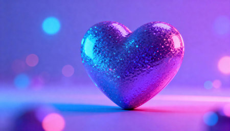 Glitter heart rests on a neon-lit surface with soft bokeh lights and reflective texture. The blurred gradient background provides ample space for text or design elements and creates a modern romantic moodの素材