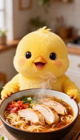 Yellow chick mascot holds a steaming bowl of ramen with sliced chicken and noodles on a wooden table in a bright home kitchen. Blurred background provides copyspace and open space for text or design elementsの素材