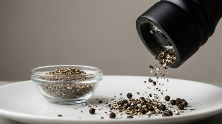 Pepper grinder pours crushed peppercorns onto a white plate while a small glass bowl holds ground pepper; whole peppercorns and flakes scatter across the surface, neutral background and empty area provide copy space for textの素材