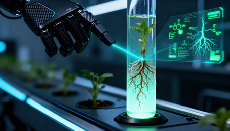 Robotic hand examines plant root in a controlled laboratory setting with a transparent growth tube, holographic data overlays and automated trays of seedlings for biotechnology research and monitoringの素材