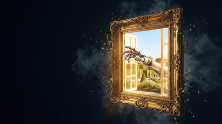 Gilded frame floats against a dark backdrop with an open window revealing a sunlit garden. A mechanical arm reaches through, blending classical ornament with futuristic technology. Strong contrast and warm light add surreal depthの素材