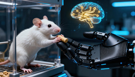 White mouse reaches for a treat held by a robotic prosthetic hand in a clinical laboratory setting with holographic brain projection, scientific equipment and clear copyspace on the right for text or graphic placementの素材