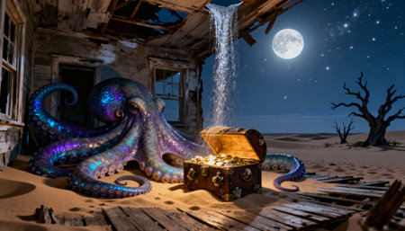 A glowing octopus with vibrant colors sits beside an open treasure chest filled with gold coins in a dilapidated house. The scene is set in a desert under a full moon and starry night sky, with a mystical and surreal atmosphere.の素材