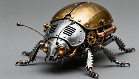 Mechanical beetle made of brass and steel with exposed gears, copper tubing and articulated legs on a neutral gray surface. The composition leaves clear empty space for text and design applicationsの素材