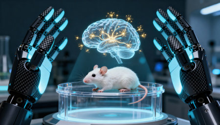 White lab mouse sits on a transparent research platform flanked by robotic hands and a glowing holographic brain above, representing neuroscience studies, neural interface testing and AI-assisted experiments in a labの素材