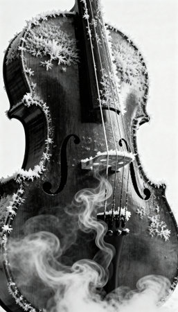 Violin covered in frost and delicate ice crystals with swirling smoke around the body, presented in high contrast black and white tones. Minimal background provides negative space at the top right available for text or graphicsの素材