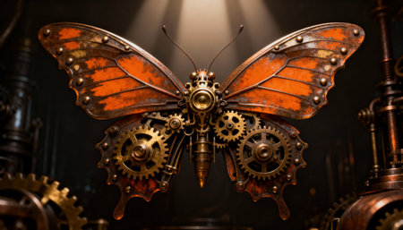 Steampunk butterfly with rusted orange metal wings and exposed brass gears arranged like a mechanical engine, set against a dark industrial background with warm directional lighting and intricate metalwork detailsの素材