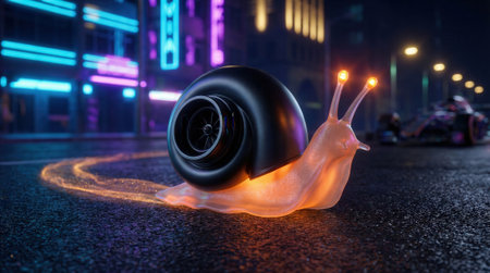 Snail with a mechanical turbocharger shell leaves a glowing light trail on wet urban asphalt at night. Neon signs and blurred racing cars form a futuristic city backdrop. Motion and warm lighting suggest speed and juxtapositionの素材