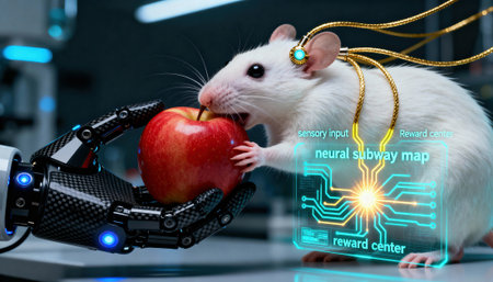 White laboratory rat accepts an apple held by a robotic prosthetic hand while implanted neural lead wires connect to a head sensor and a holographic neural map displays reward circuitry in a laboratory settingの素材