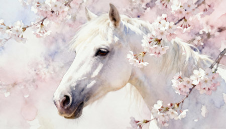 White horse stands calmly among soft pink cherry blossoms with a dreamy watercolor background and gentle pastel tones, leaving light empty space for text or design in the composition suitable for editorial and commercial useの素材