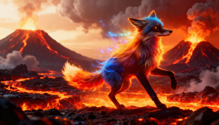 Fox runs across a volcanic landscape with glowing lava flows and erupting peaks, its multicolored fur lit by blue and orange light conveying motion and fantasy atmosphere for editorial and entertainment projectsの素材