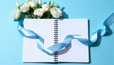 Open spiral notebook placed on a vibrant blue surface, adorned with fresh white flowers and a flowing blue ribbon. Ideal for creative projects, messages, or celebrations.の素材