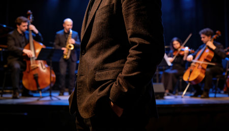 Conductor stands in front of a chamber orchestra on stage wearing a tailored suit with hands in pockets, warm spotlights illuminate musicians while a dark blurred area provides copyspace for text and designの素材