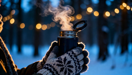 Close-up of hands wearing patterned knitted gloves holding a steaming thermos in a snowy forest. Warm bokeh lights create a cozy atmosphere, evoking winter and holiday vibes.の素材