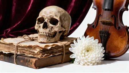 Skull with violin and chrysanthemum arranged on worn books in a classic still life composition that evokes antique mood and contemplative atmosphere with textured pages, polished wood and fabric backdropの素材
