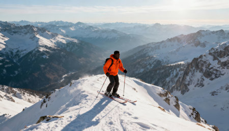 Man skis along a snowy alpine ridge at high altitude in a bright orange jacket and backpack, using poles for balance while surrounded by mountain ranges and soft winter light that emphasizes rugged terrain and clear skyの素材