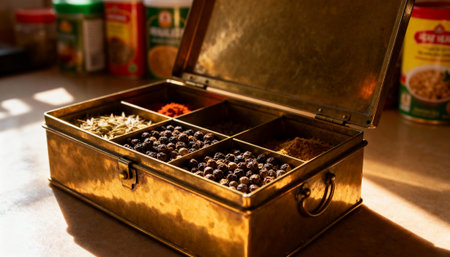 Brass spice box sits open on a sunlit countertop revealing compartments of whole spices and peppercorns, warm tones and shallow depth create a rustic kitchen mood and leave space for textの素材