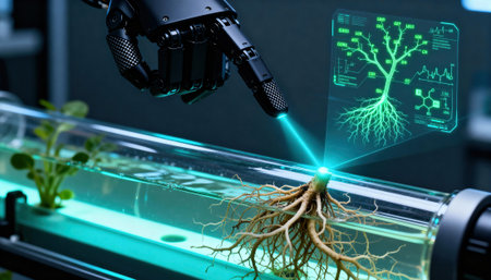 Robotic hand scans plant roots inside a transparent laboratory tube using a focused laser and holographic interface that displays root architecture and data for advanced agritech research and controlled bioengineering analysisの素材